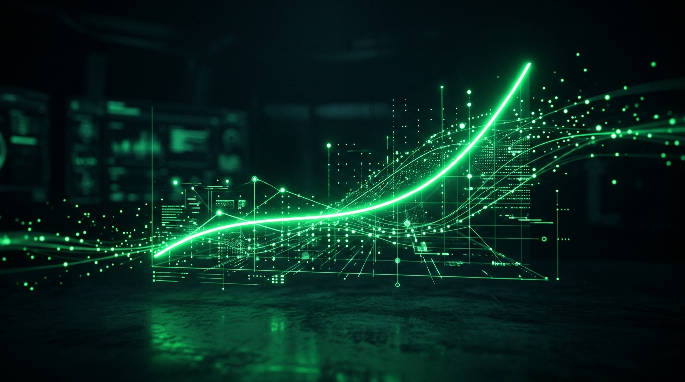 gráfico de retenção holográfico verde neon com curva ascendente em fundo escuro