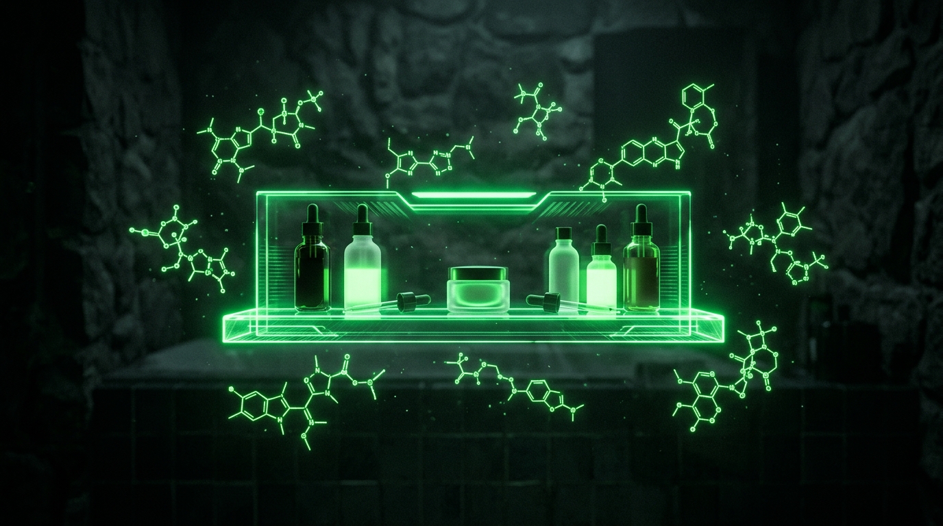 prateleira holográfica verde neon com produtos de skincare e moléculas flutuando