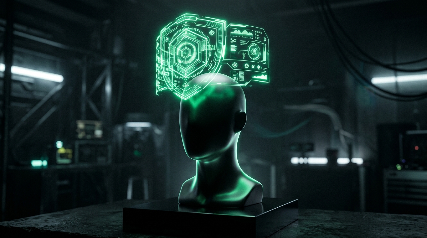 escudo solar holográfico verde neon sobre manequim em estúdio escuro, representando fotoproteção
