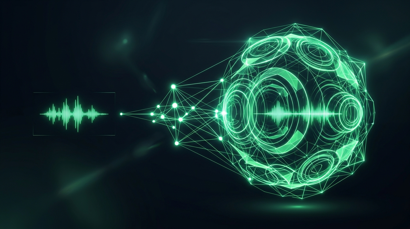 pequeno trecho de onda sonora verde neon se expandindo numa escultura holográfica de voz completa, representando o clone de voz feito com poucos segundos de áudio