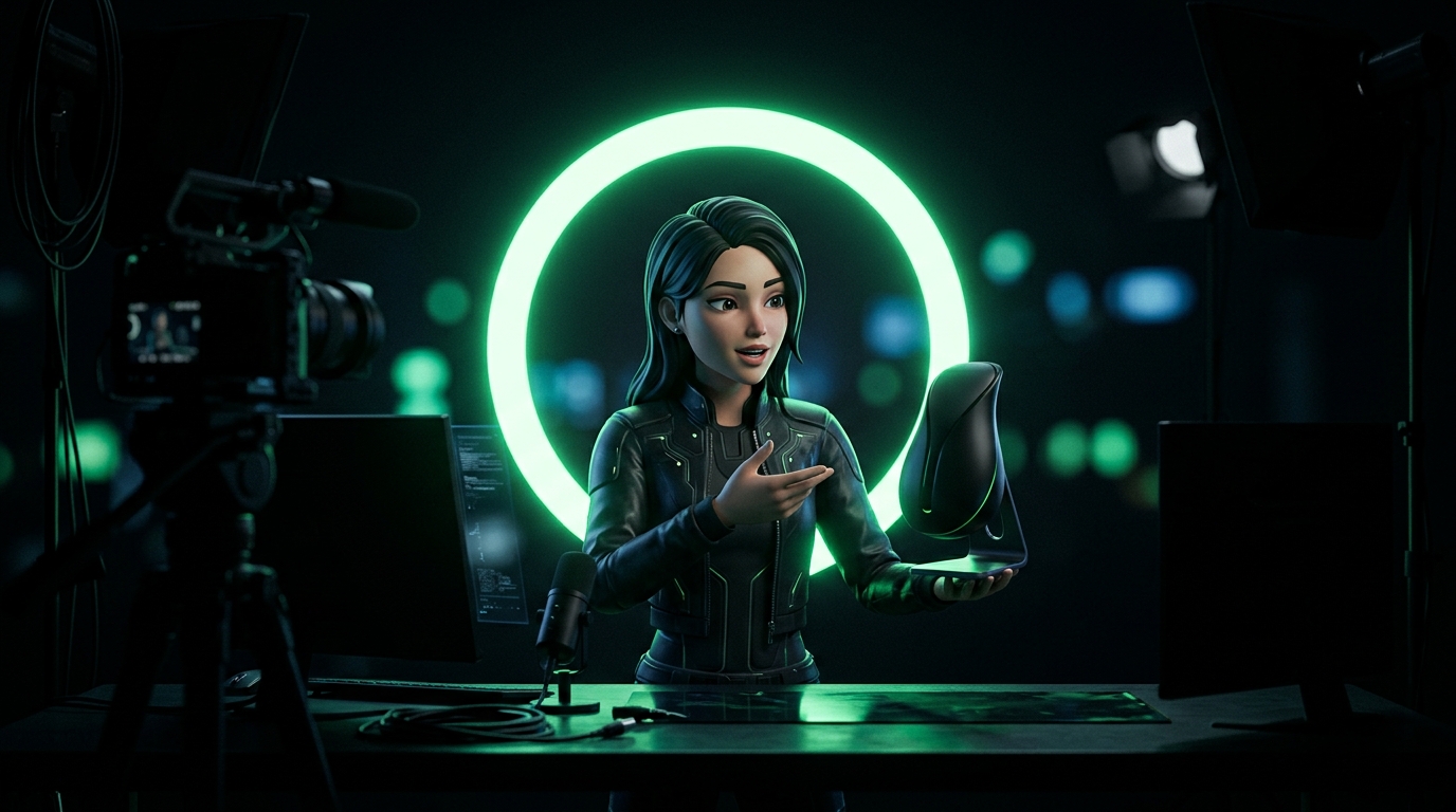 personagem virtual apresentando produto em live com anel de luz verde neon