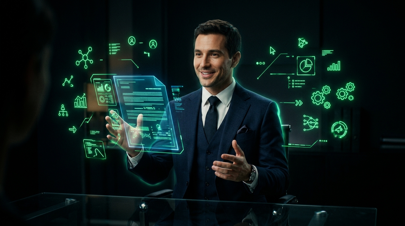 personagem virtual de terno explicando documento com ícones verdes neon