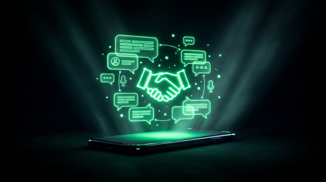celular com conversa de whatsapp holográfica em verde neon sobre fundo escuro