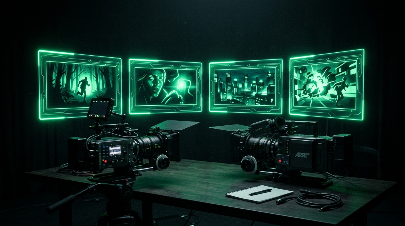roteiro em blocos holográficos verdes neon flutuando sobre mesa escura