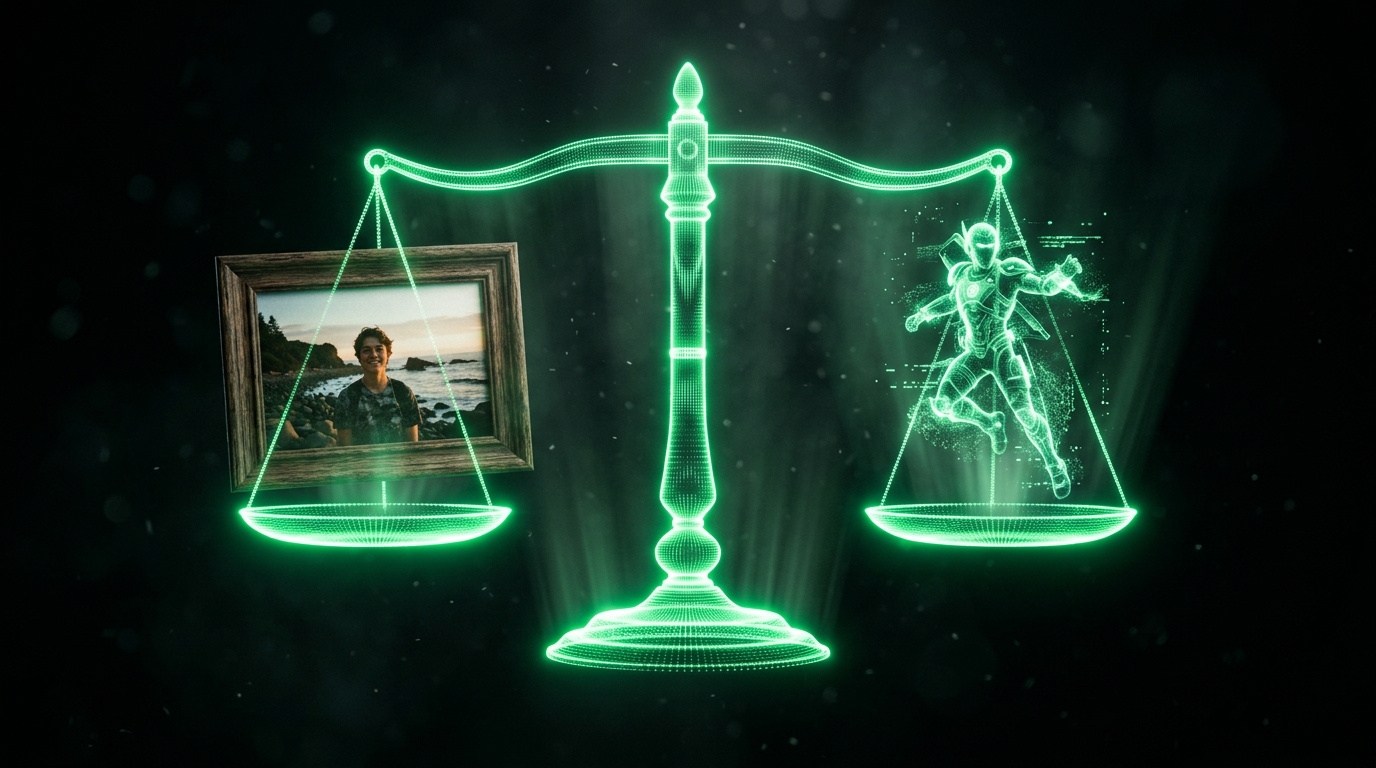 balança holográfica verde neon pesando prova real contra vídeo gerado por ia