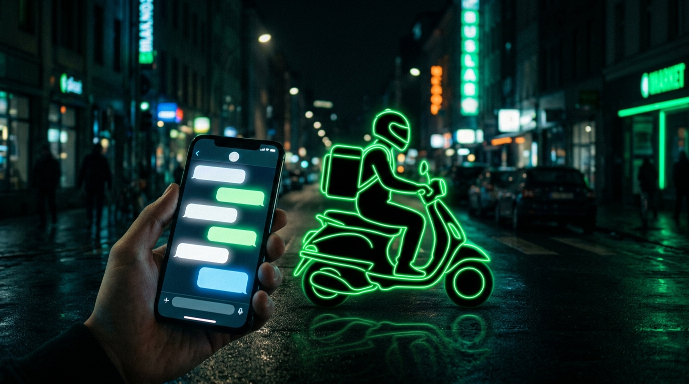 celular com bolhas de conversa e moto de entrega em verde neon sobre fundo escuro