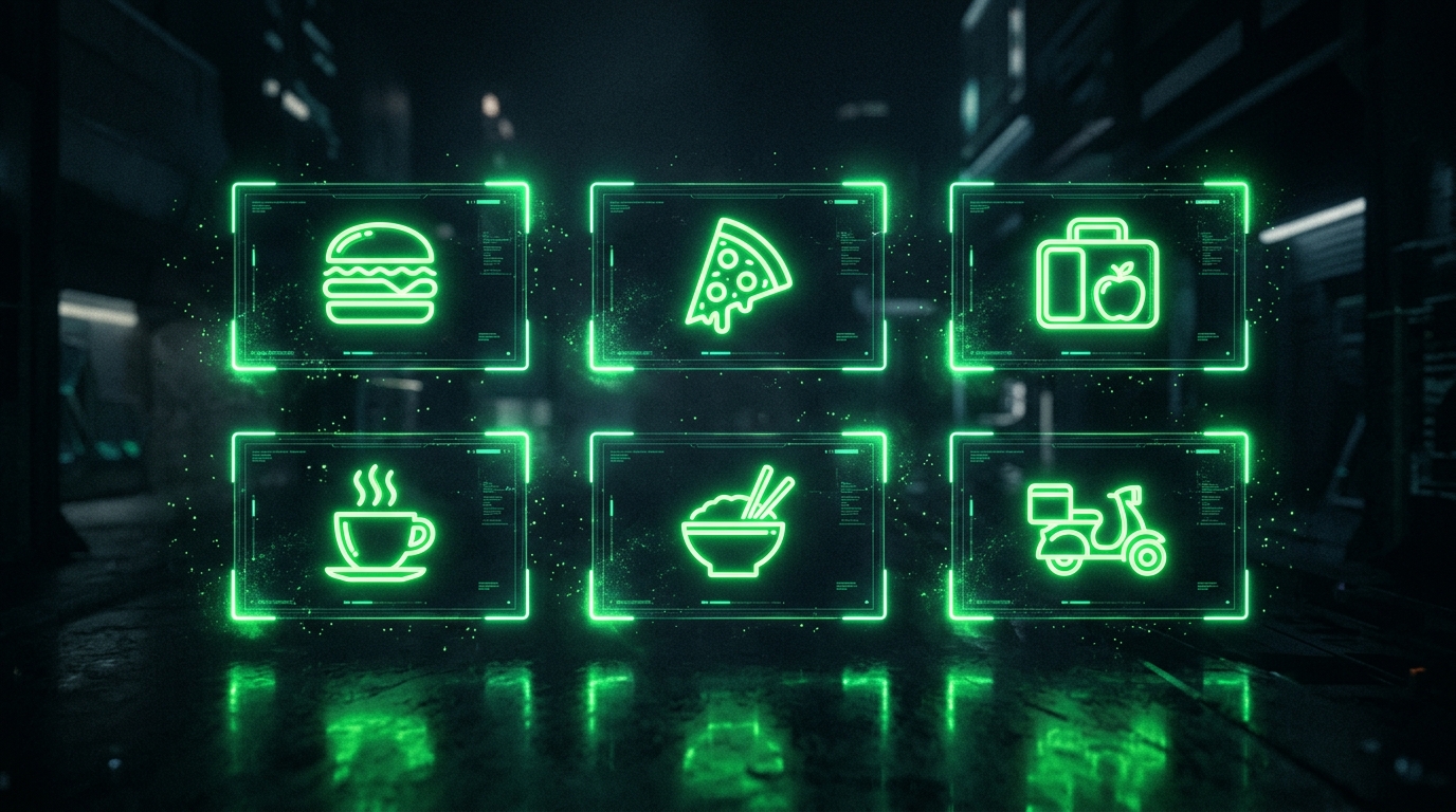 seis cartões holográficos verde neon em grade representando personas de restaurante