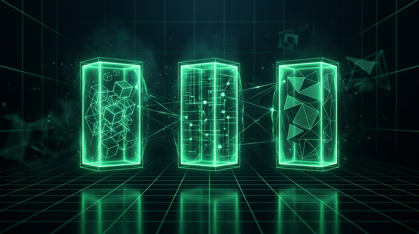 três blocos holográficos verde neon alinhados representando as categorias de conteúdo inautêntico