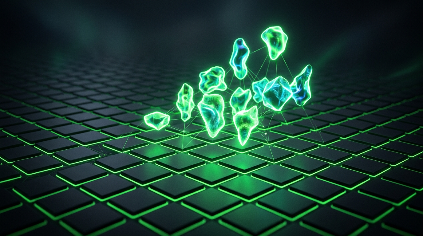 grade de formas idênticas verde neon com poucas peças únicas se destacando em relevo