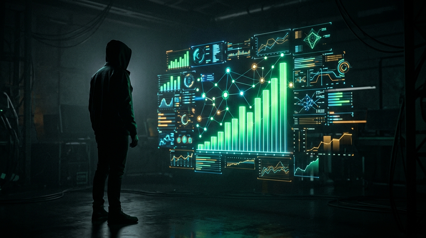 painel de métricas holográfico verde neon com gráficos de barras sobre fundo escuro
