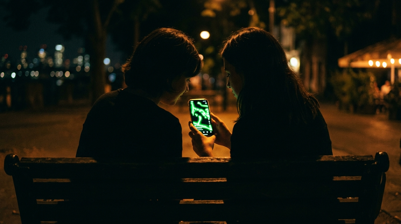 dois amigos silhuetas olhando um celular com reel em verde neon