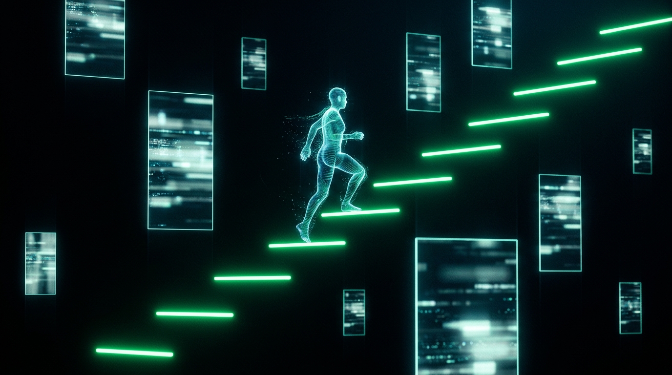 etapas holográficas verde neon em escada de luz sobre fundo escuro