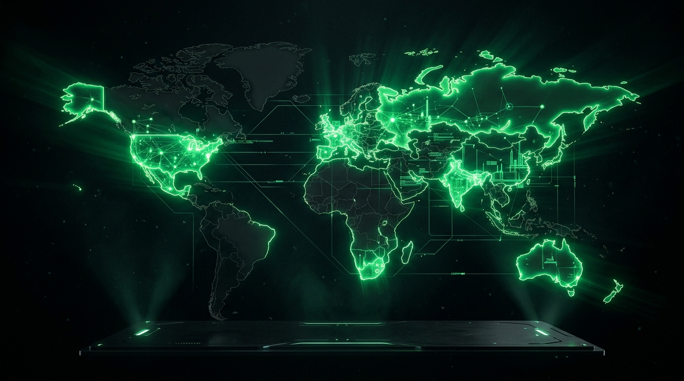 mapa-múndi holográfico escuro com duas regiões iluminadas em verde neon e uma apagada