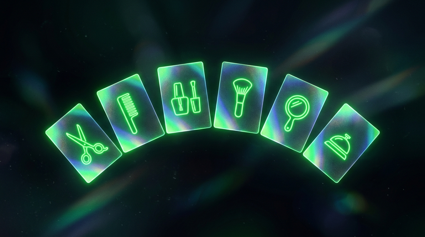 seis cartões holográficos verde neon com ícones de salão de beleza