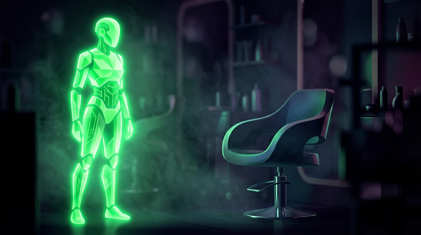 personagem sintético em verde neon diante de uma cadeira de salão
