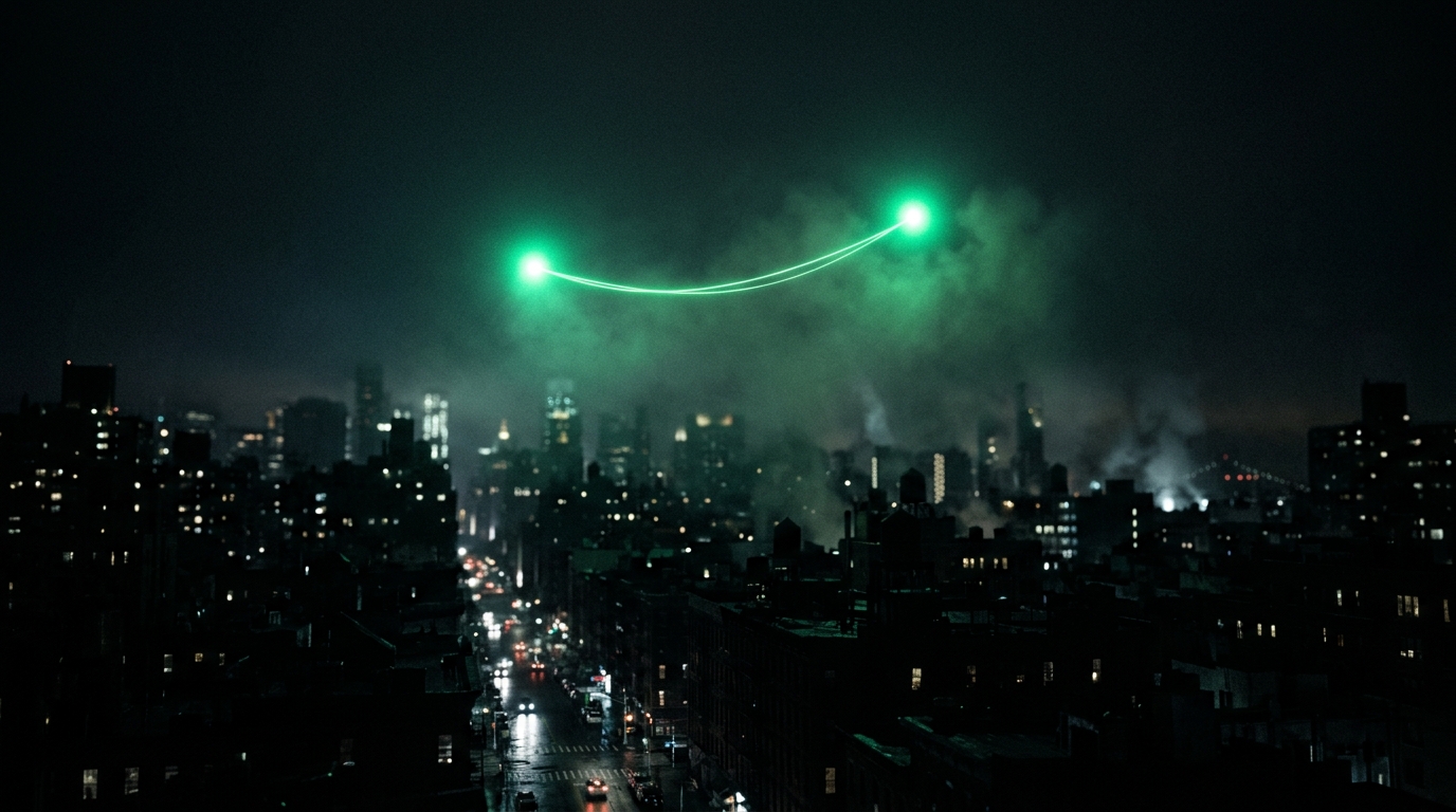 dois pontos de luz verde neon ligados por um fio sobre uma rua escura