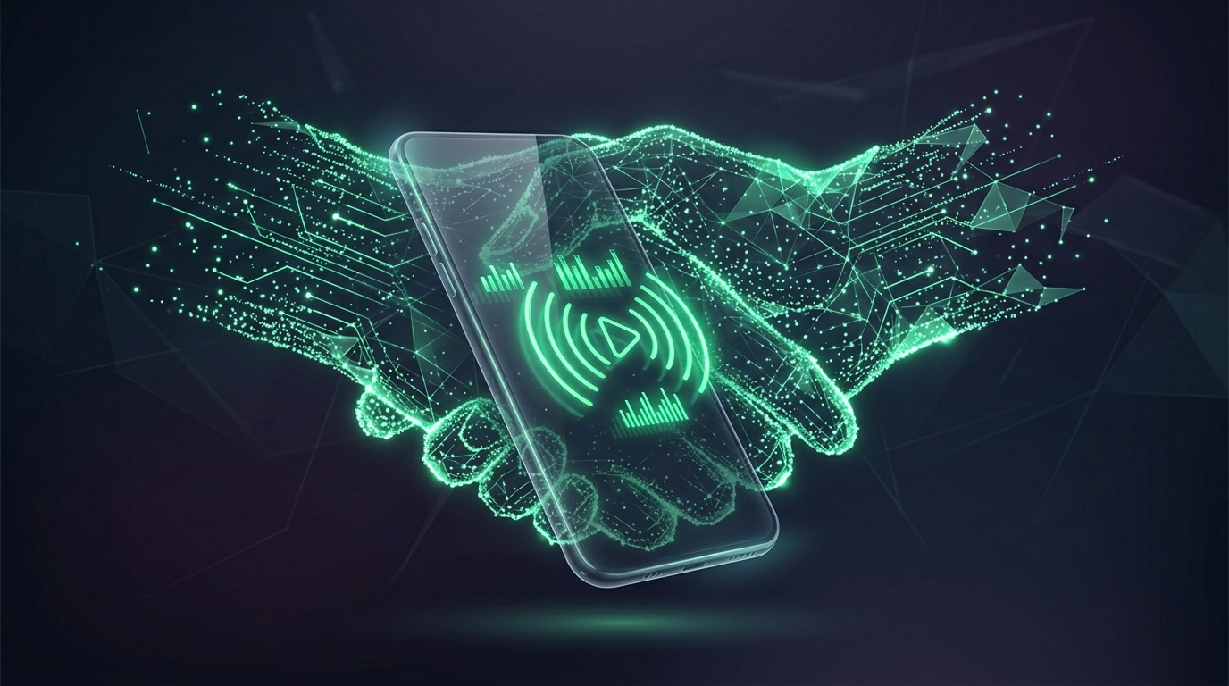 celular holográfico com mensagem em vídeo e aperto de mão digital em verde neon