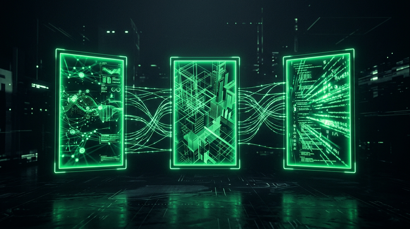 três plataformas holográficas verde neon lado a lado representando vitrines de afiliados, fundo escuro