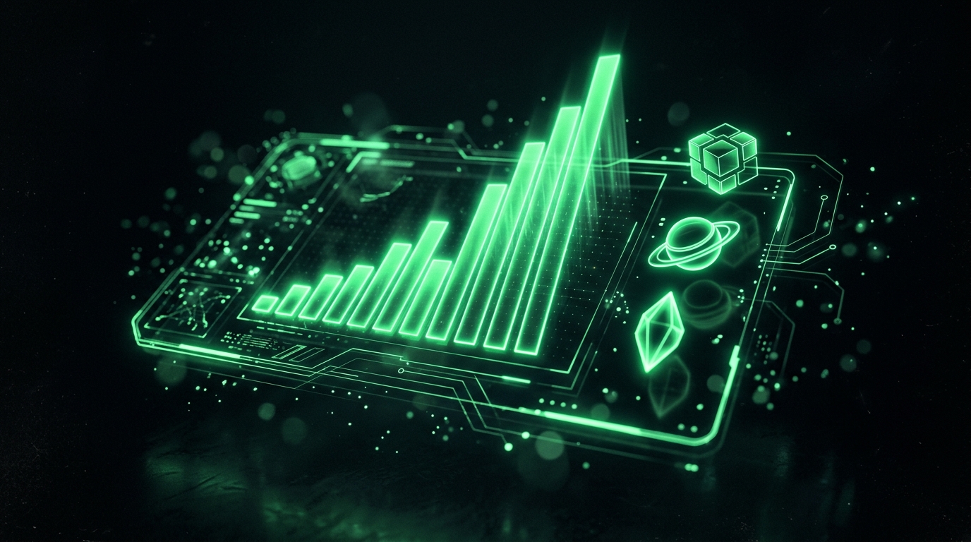 painel holográfico verde neon com gráfico ascendente e ícones de produtos