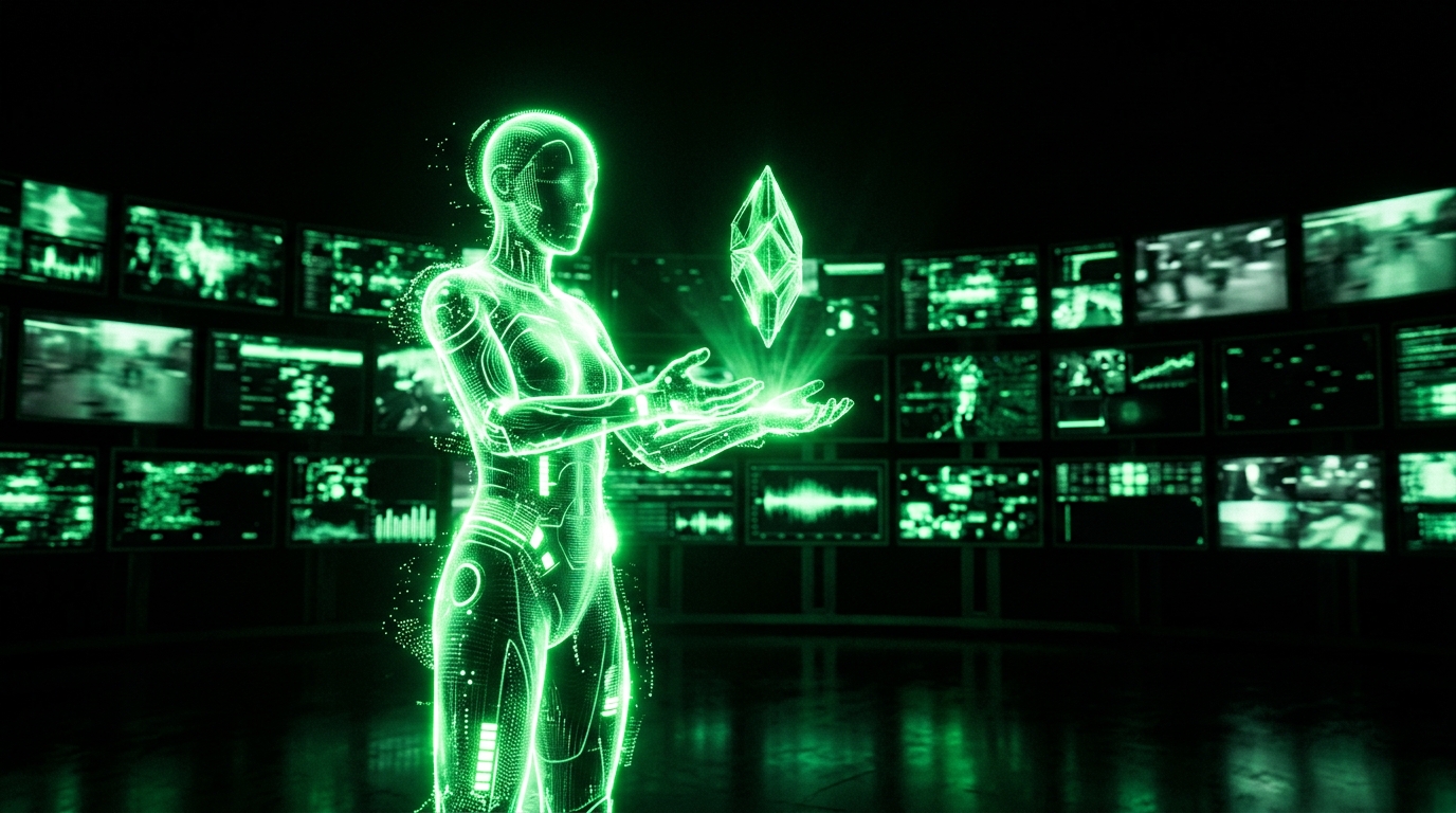 personagem sintético verde neon apresentando um produto diante de um feed de vídeos