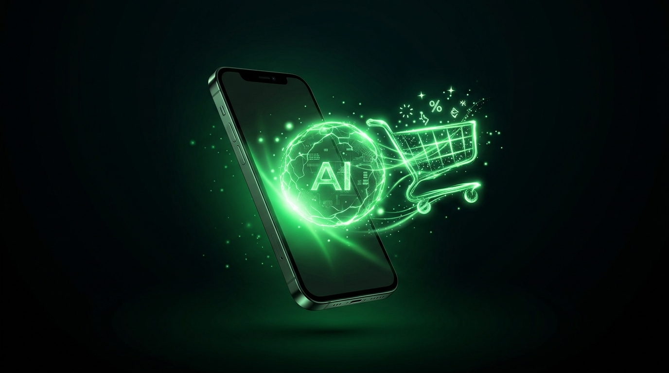 celular flutuando com esfera de ia verde neon e carrinho de compras luminoso