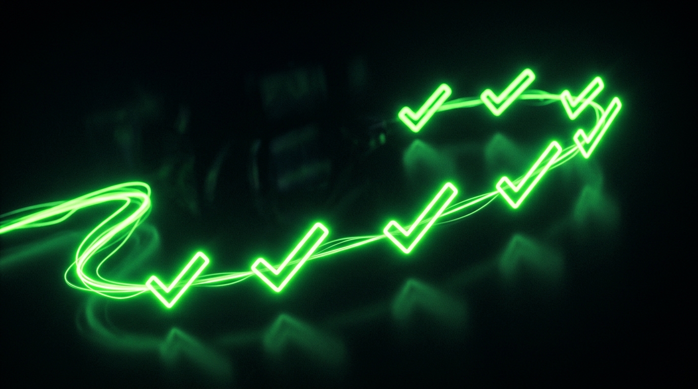 fluxo de checklist verde neon com marcadores luminosos
