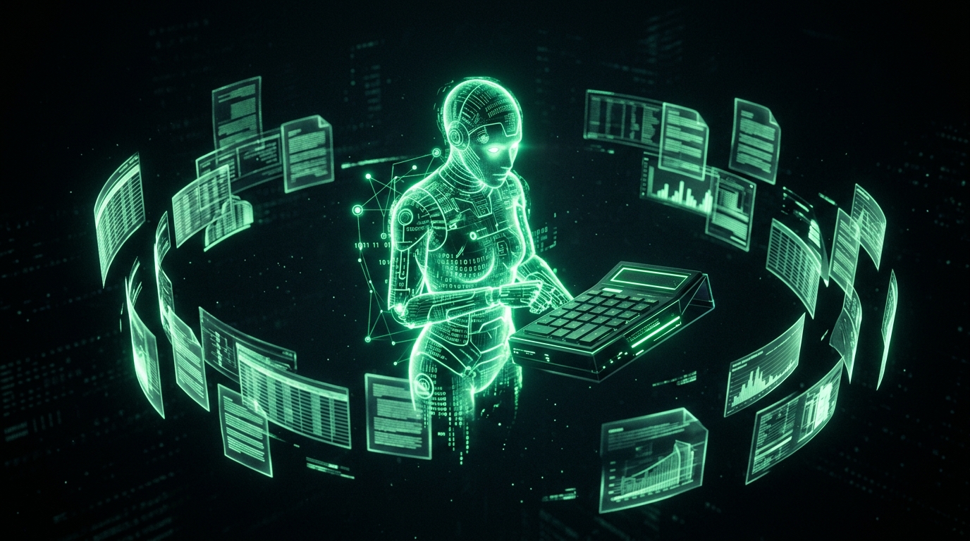 avatar holográfico verde neon de um contador sintético