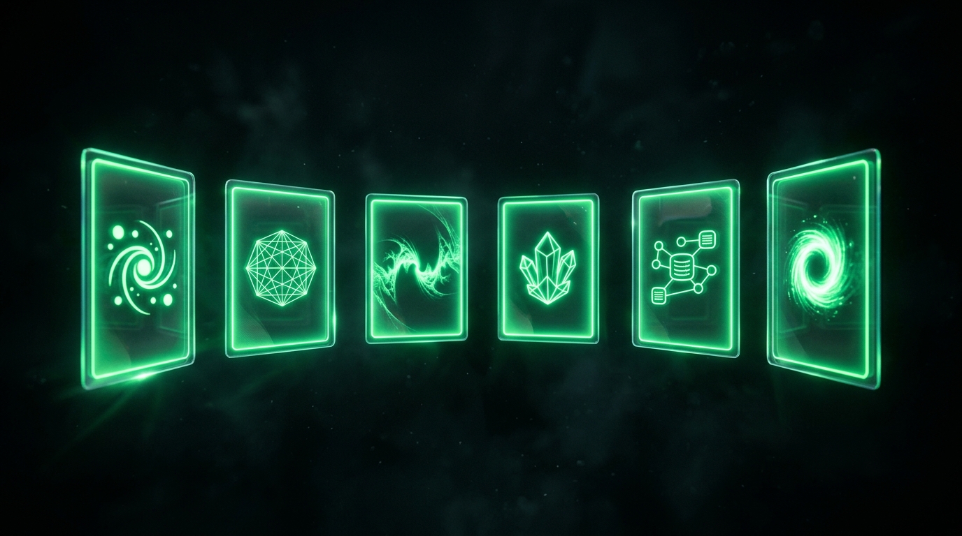 seis cartões holográficos verde neon representando personas