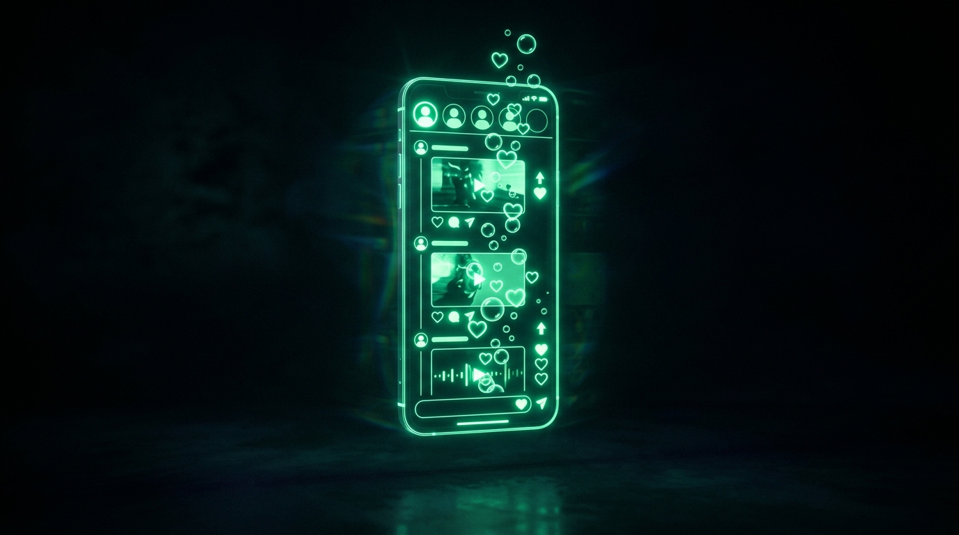 celular holográfico verde neon com sequência de vídeos de resposta