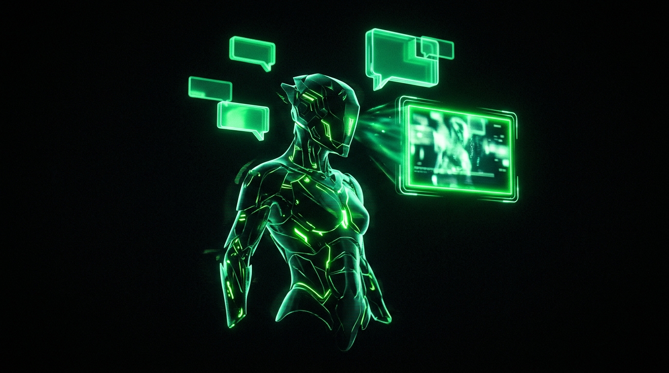 balão de comentário se transformando em tela de vídeo com personagem verde neon