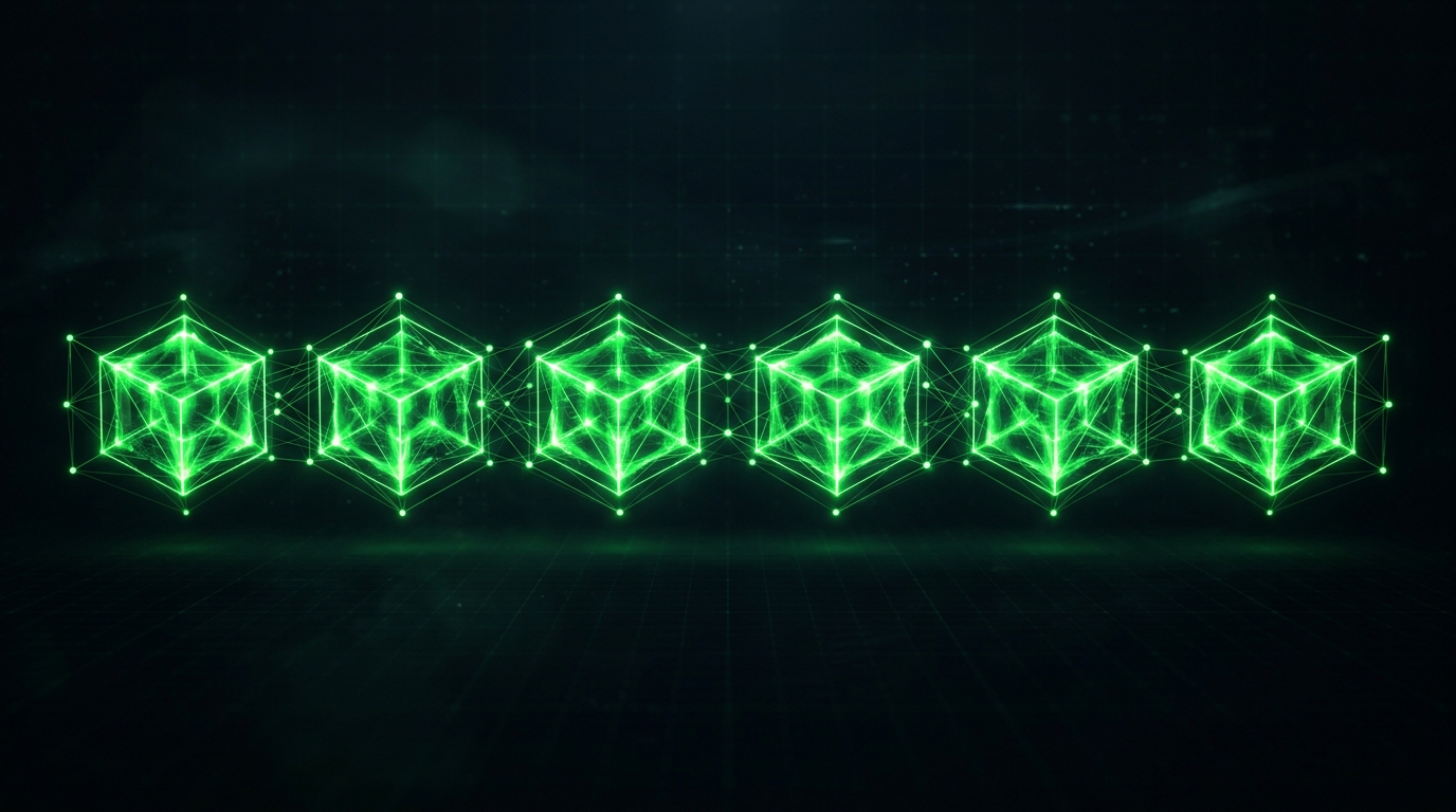 seis blocos holográficos verde neon alinhados representando as seções de um relatório mensal
