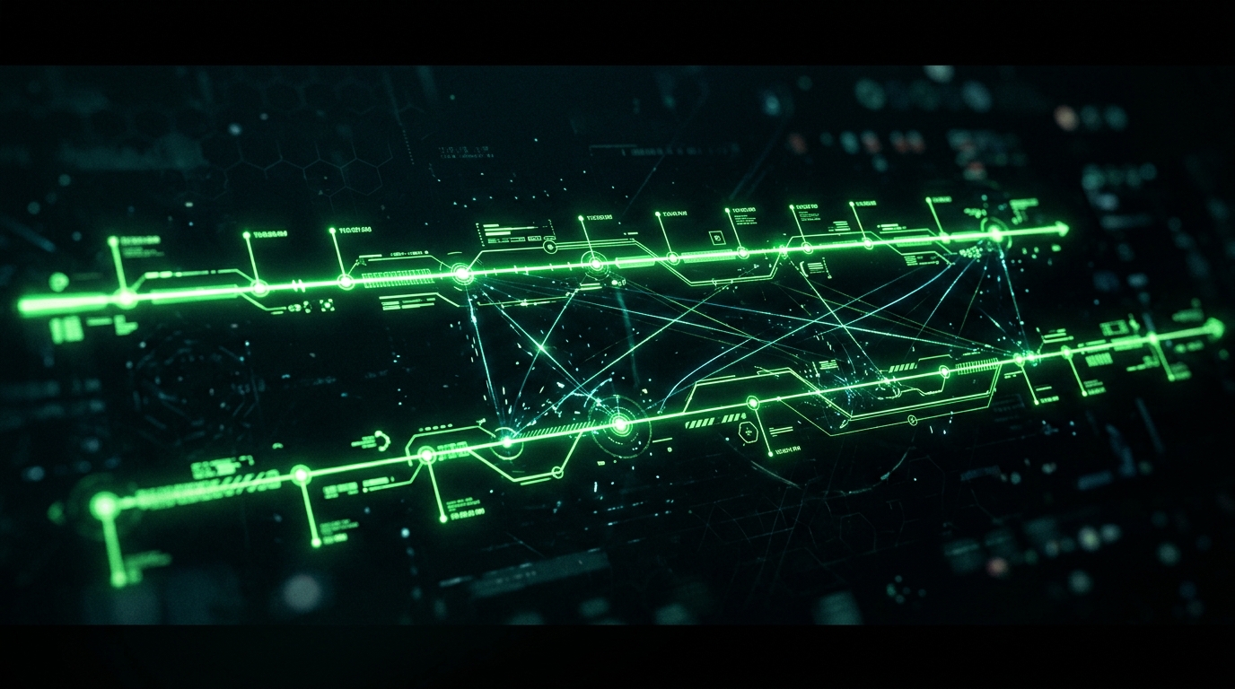 duas trilhas holográficas verde neon levemente deslocadas uma da outra sobre fundo escuro, representando áudio e imagem fora de sincronia