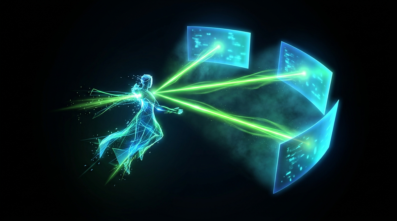 personagem holográfico enviando o mesmo vídeo em feixes de luz verde neon para três telas diferentes