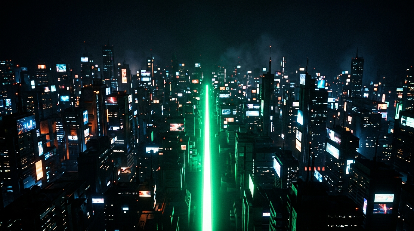 muro de luz verde neon dividindo uma cidade de telas, simbolizando a proibição de anúncios entre redes
