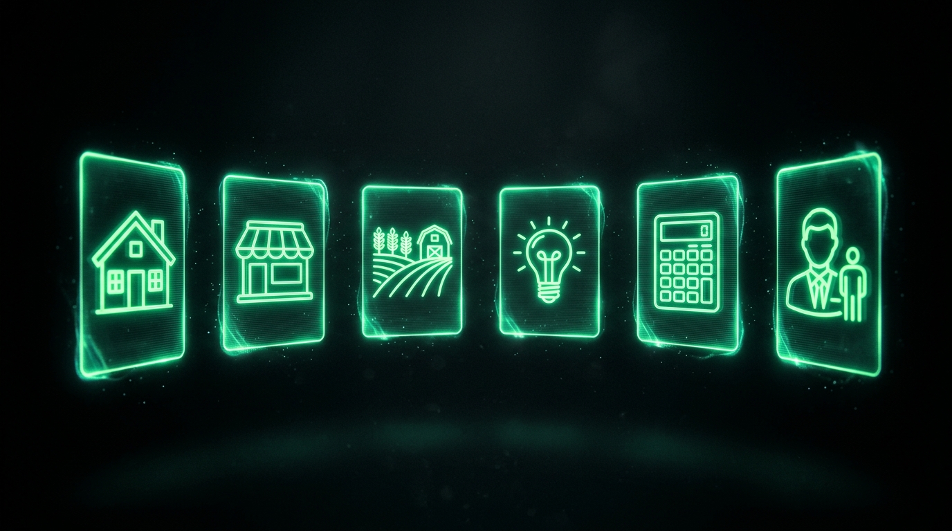 seis cartões holográficos verde neon representando casa, loja, fazenda, ideia, calculadora e mentor