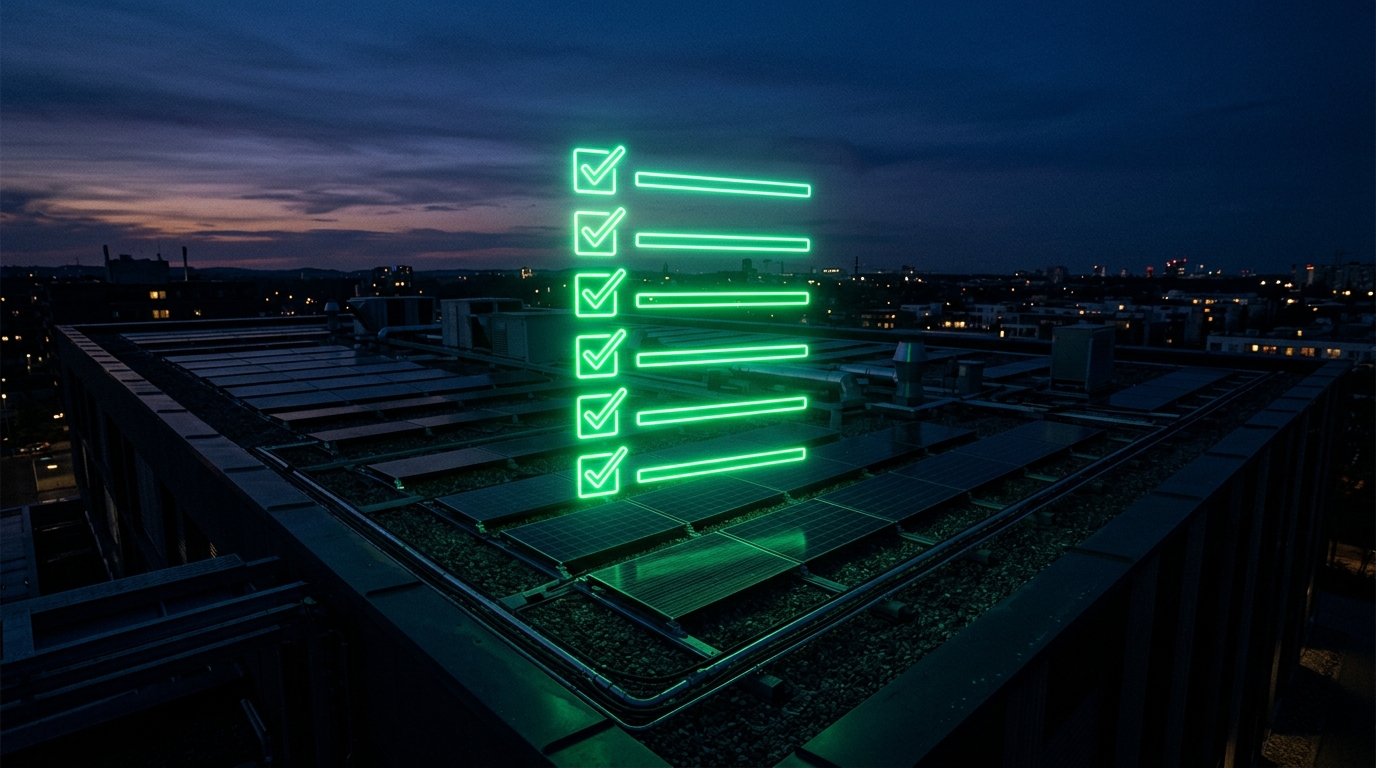 checklist holográfico verde neon com marcadores luminosos sobre um telhado com painéis solares