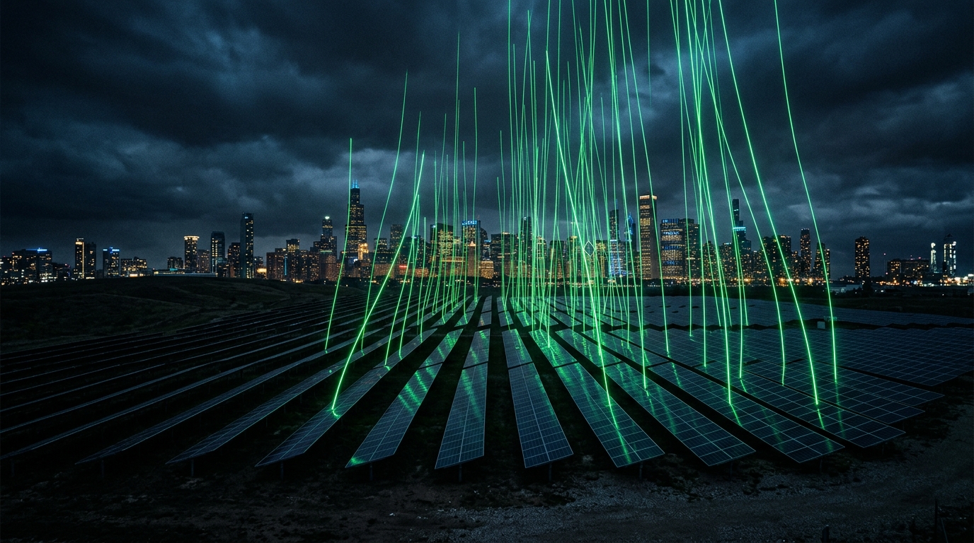 campo de painéis solares diante de uma cidade com linhas de dados verde neon subindo ao céu