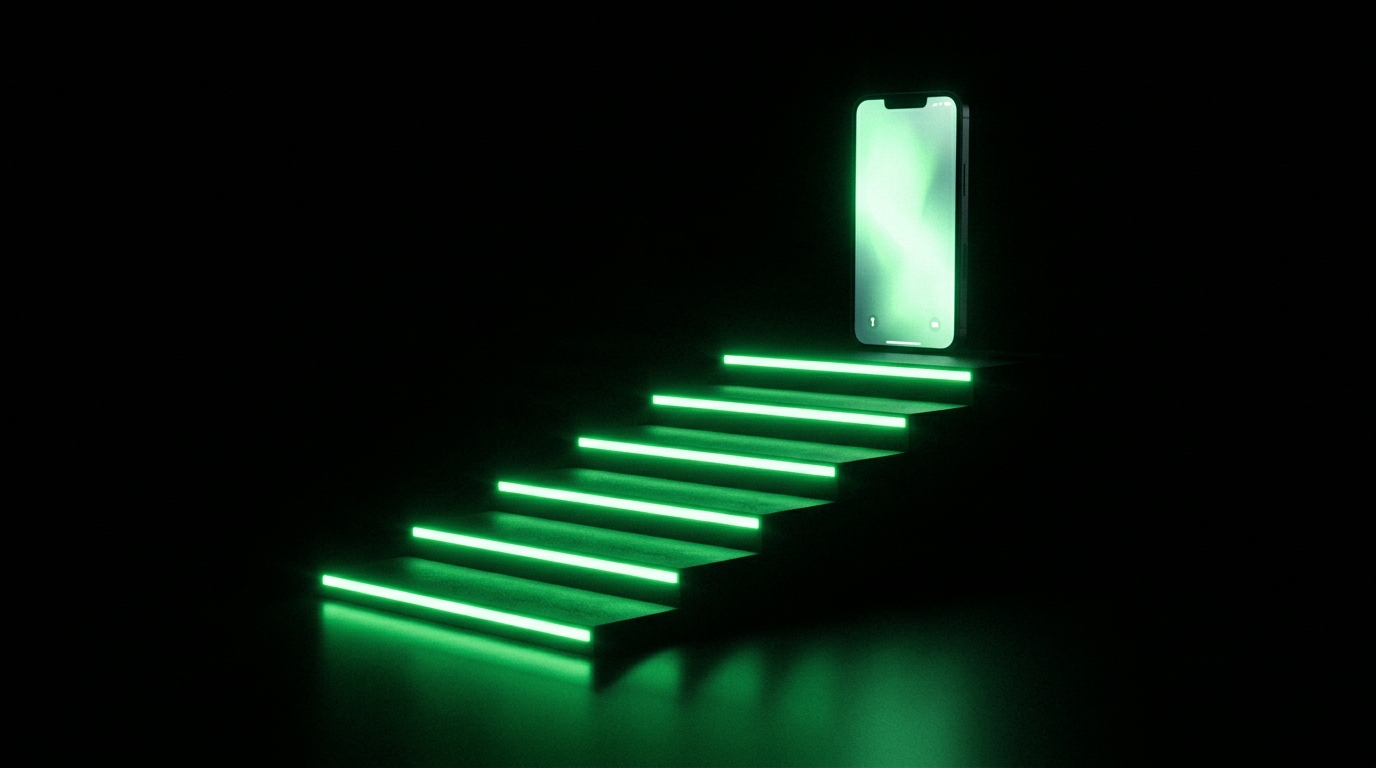 degraus de luz verde neon subindo em direção a uma tela de celular, representando o passo a passo