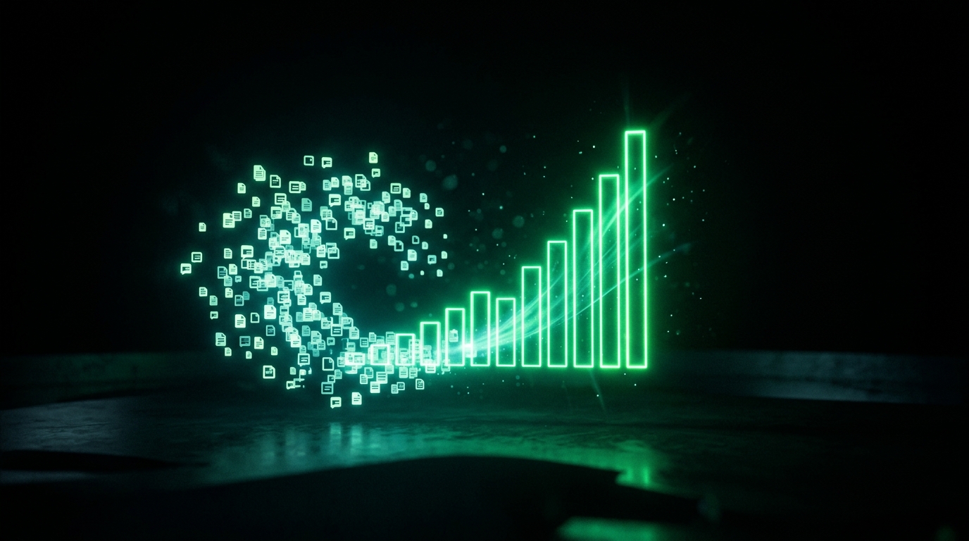 gráfico holográfico de barras verde neon subindo ao lado de pequenos ícones de posts