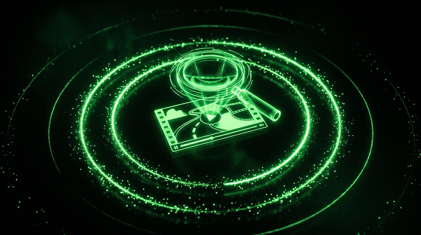 lupa holográfica verde neon sobre um reel com anéis de alcance se expandindo