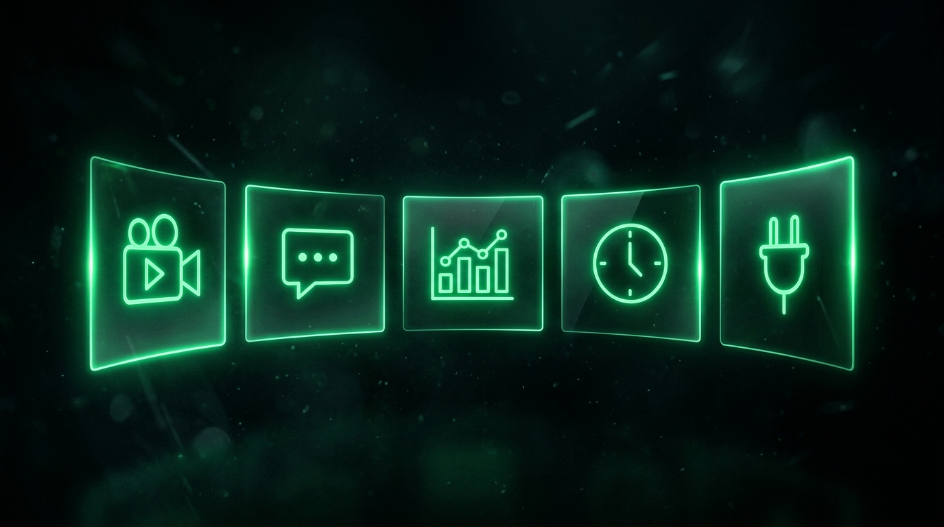 cinco blocos holográficos verde neon representando as ferramentas de ia da meta