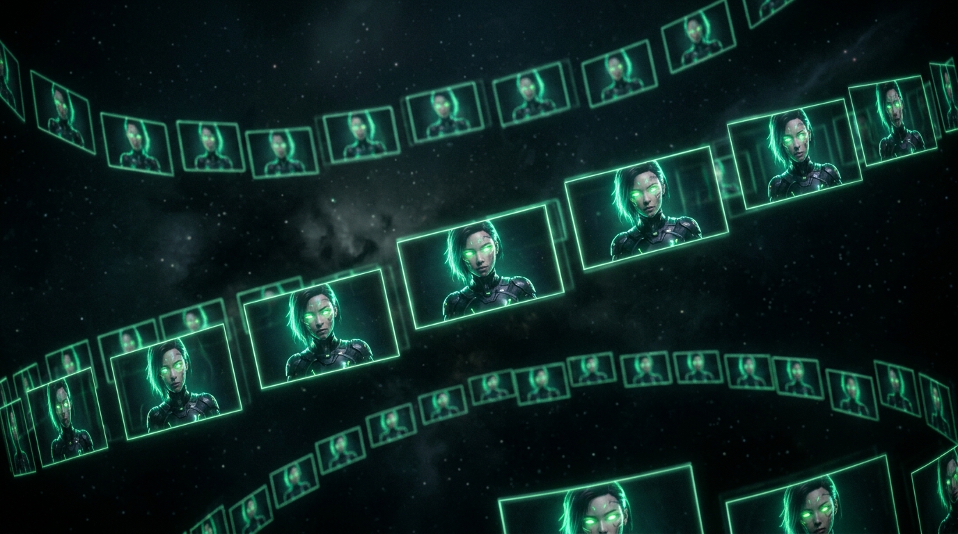 personagem de ia gerando variações de vídeo em telas verde neon