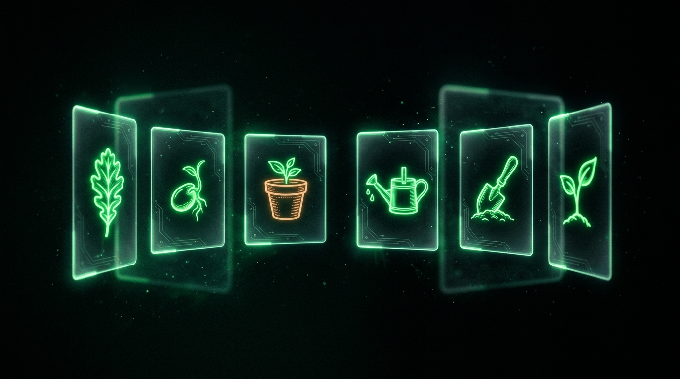 seis cartões holográficos verde neon com ícones de folha, semente, vaso e ferramenta