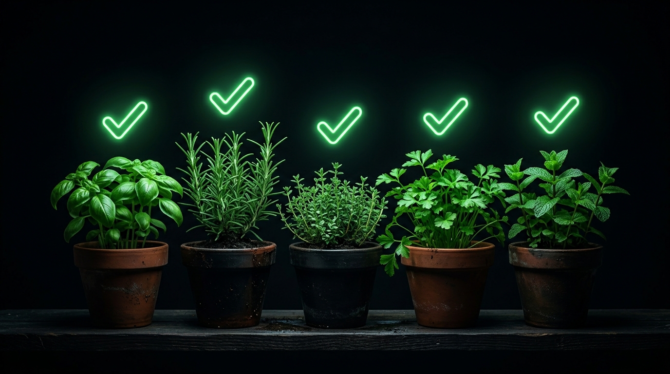 horta em vasos com marcadores luminosos verde neon de checklist