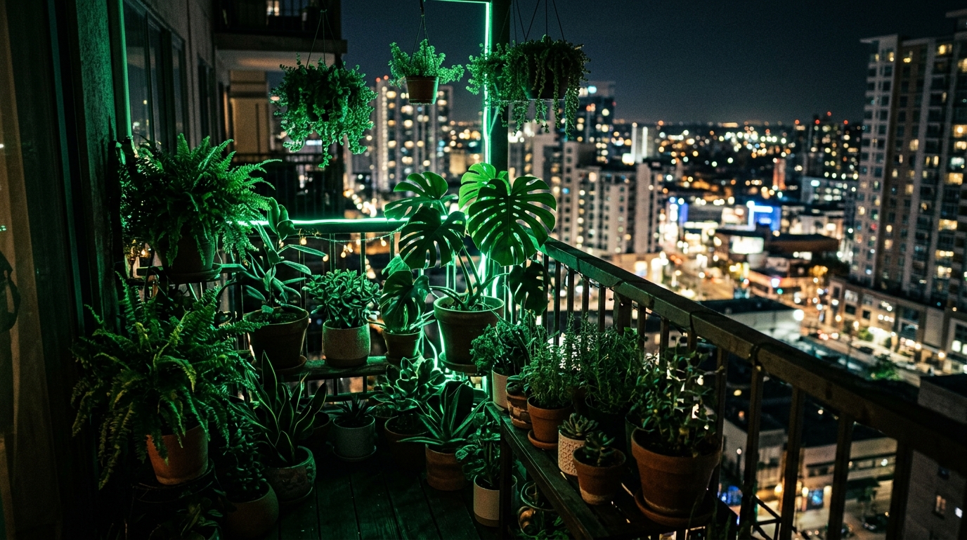 varanda de apartamento com plantas em vasos e brilho verde neon