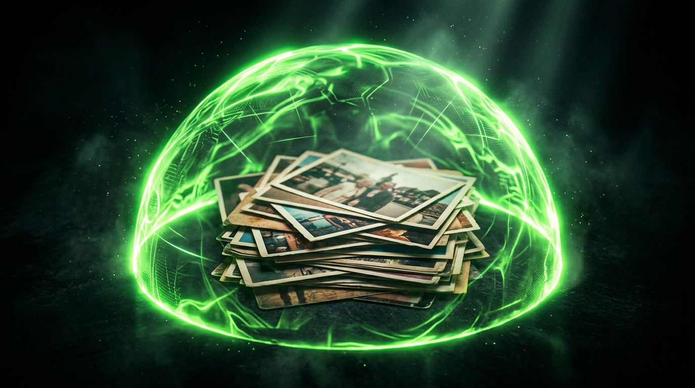 escudo luminoso verde neon protegendo fotos reais de um trabalho