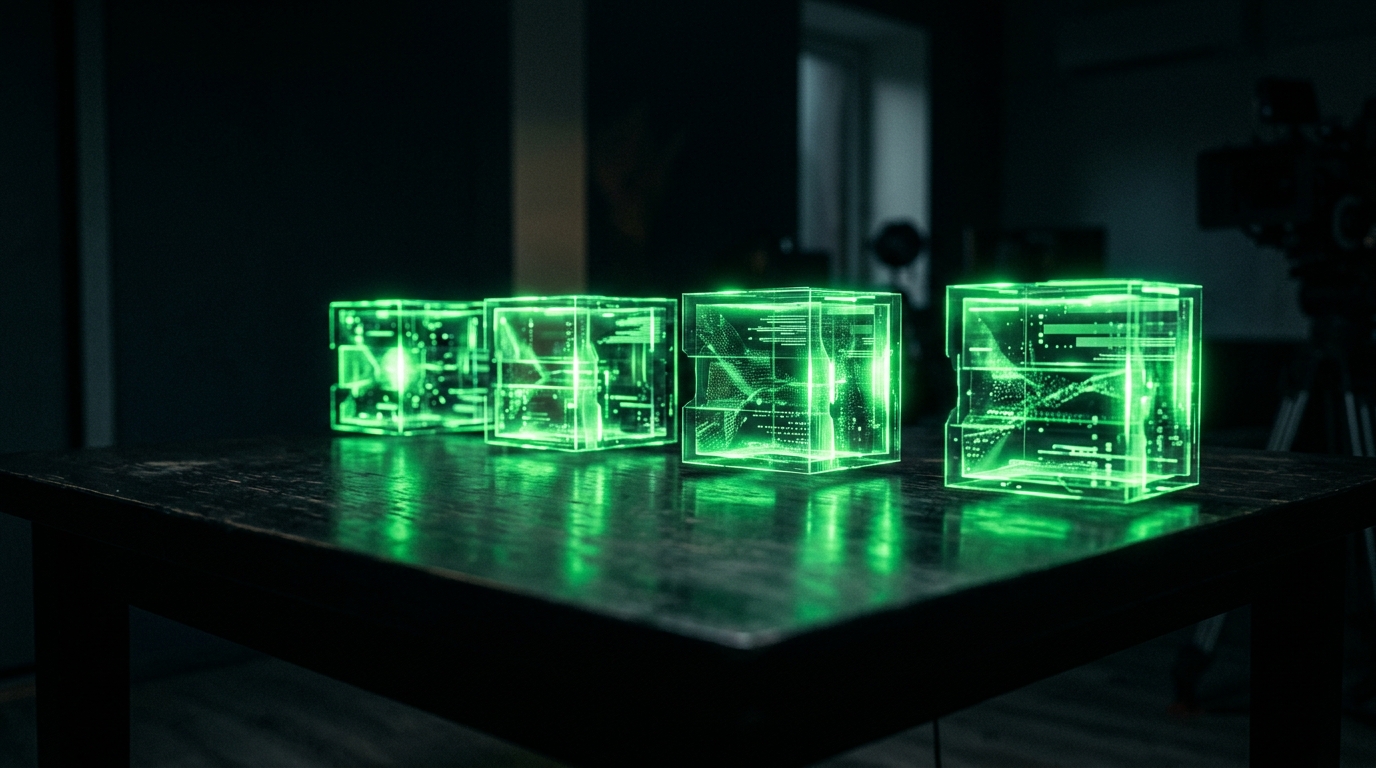 roteiro em quatro blocos holográficos verde neon sobre mesa escura