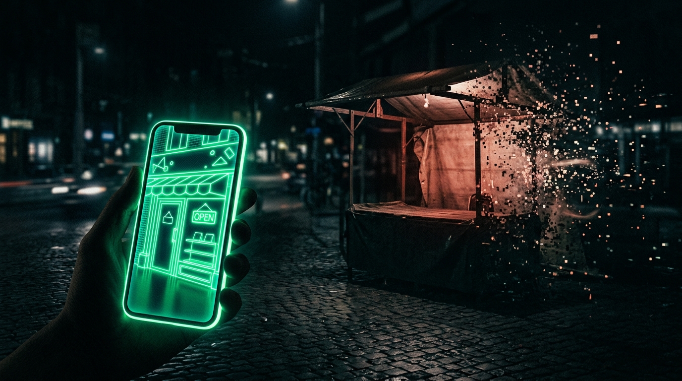 barraca de marketplace se desfazendo enquanto uma loja no celular acende em verde neon