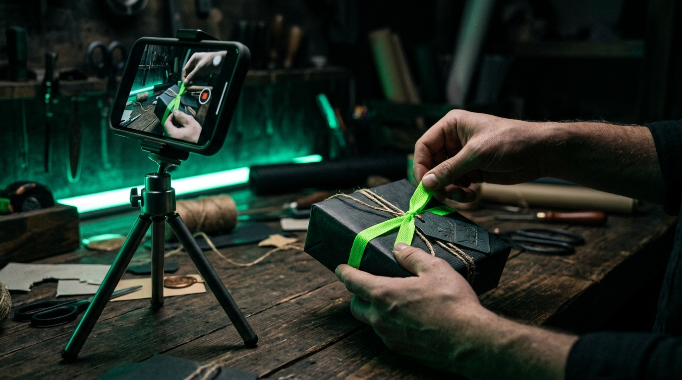 mãos montando um presente personalizado com celular no tripé e brilho verde neon