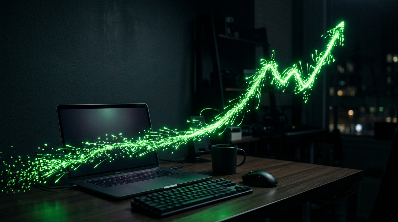 curva de crescimento em partículas verde neon sobre mesa escura com notebook